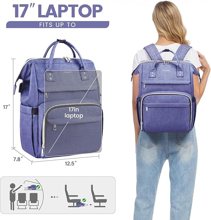 LOVEVOOK Laptop Backpack for Women,17 Inch Professional Womens Travel Backpack Purse Computer Laptop Bag Nurse Teacher Backpack,Waterproof College Work Bag Carry on Back Pack with USB Port,Blue-violet
