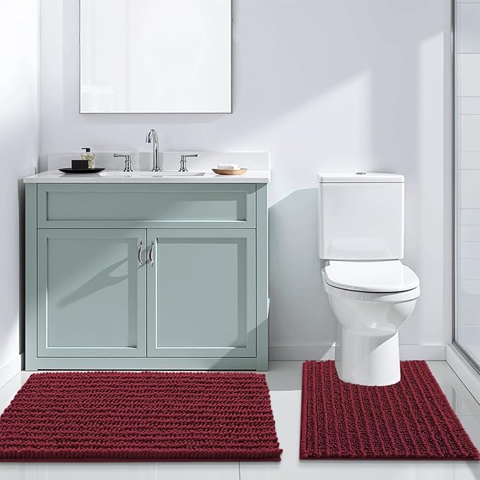 Arotive Luxury Chenille Bathroom Rug Mat, Extra Soft Thick Absorbent Shaggy Bath Rugs, Non-Slip Machine Wash Dry, Plush Bath Mats for Bathroom, Shower and Tub, 34x21, Burgundy