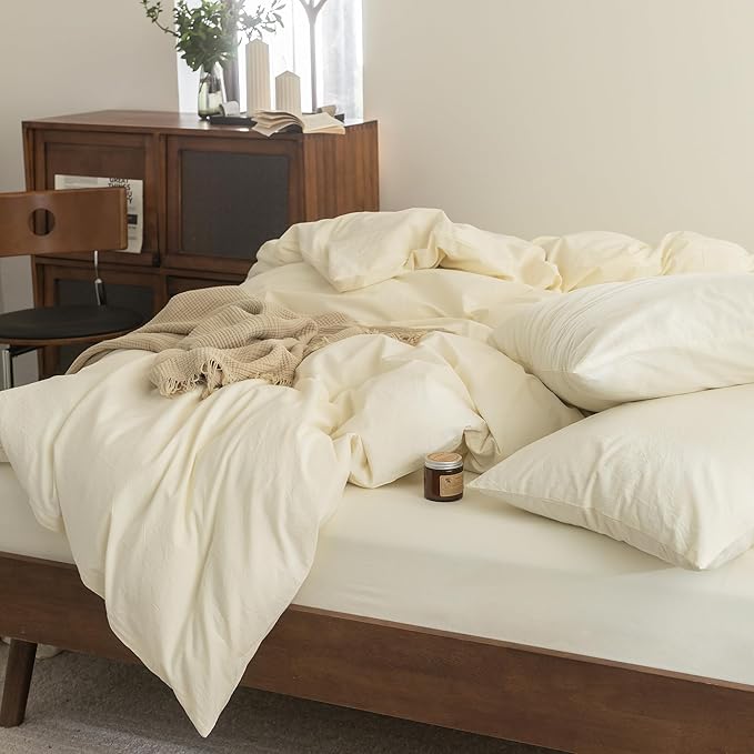 FOSSA Duvet Cover Set 100% Washed Cotton Linen Feel Super Soft Breathable Cozy 3 Pieces Bedding Sets Solid Cream White Oversized Queen
