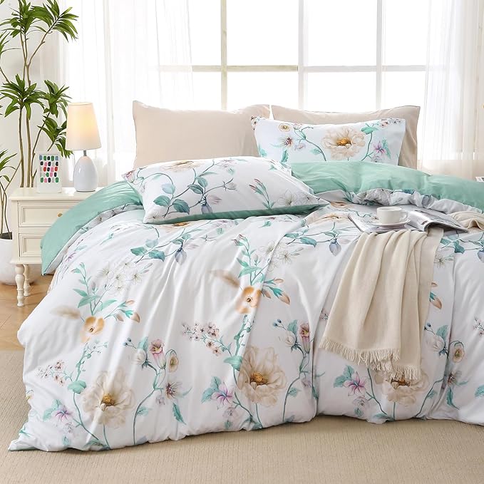 Duvet Cover King Size, Reversible Floral Vintage Duvet Cover Set with Zipper Closure, 3 Pieces Botanical Patterns Soft Microfiber Bedding Set (90"x104", 2 Pillow Cases 20"×36", Colorful Green Branch)