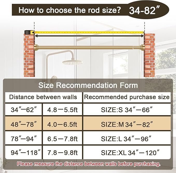 YNL Shower Curtain Rod 34-82 Inches (2.8-6.8ft) Adjustable Spring Shower Rod No Drilling, Non-Slip, Never Rust, Stainless Steel, Suitable for Bathroom Window Living room, Gold