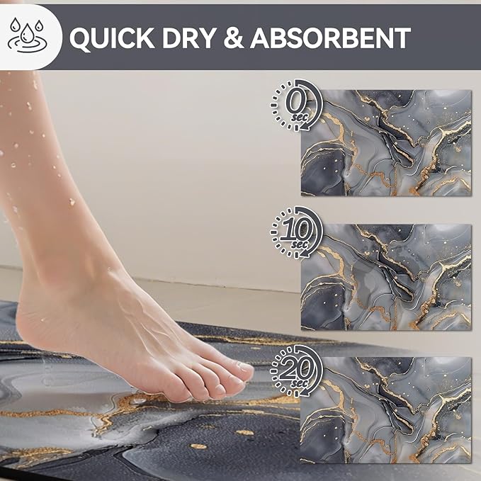 Non Slip Bath Mat Ultra Thin Bathroom Rug Fit Under Door, Rubber Backing Quick Dry Super Absorbent Washable Shower Bath Mats Grey 24x36