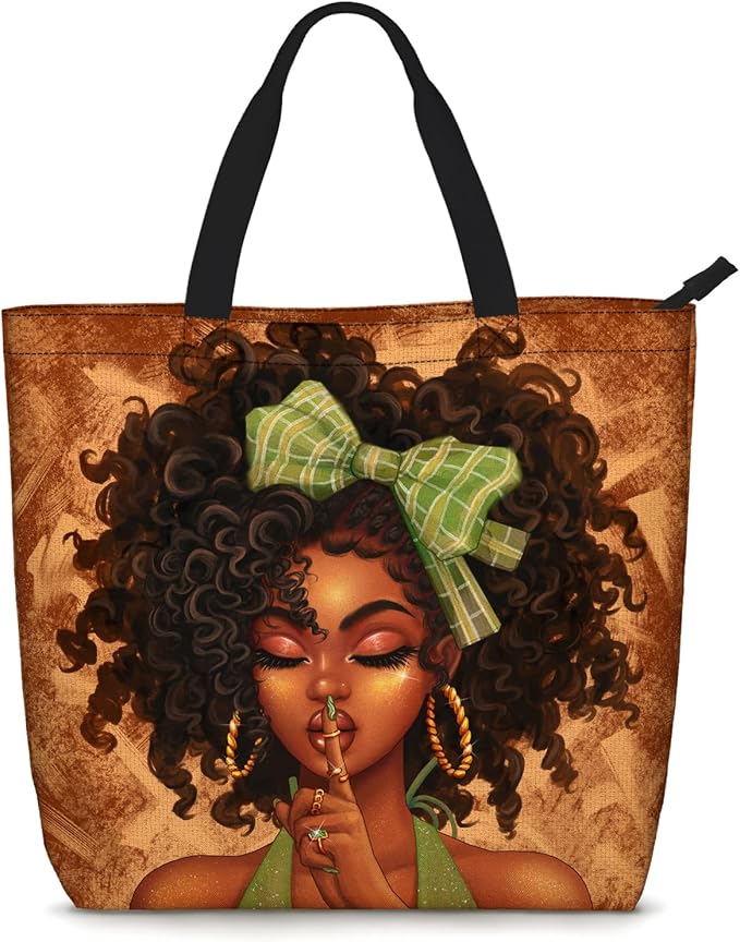 African American Women Tote Bag Black Shoulder Handbag For Women Fit Work Beach Labtops With Zip