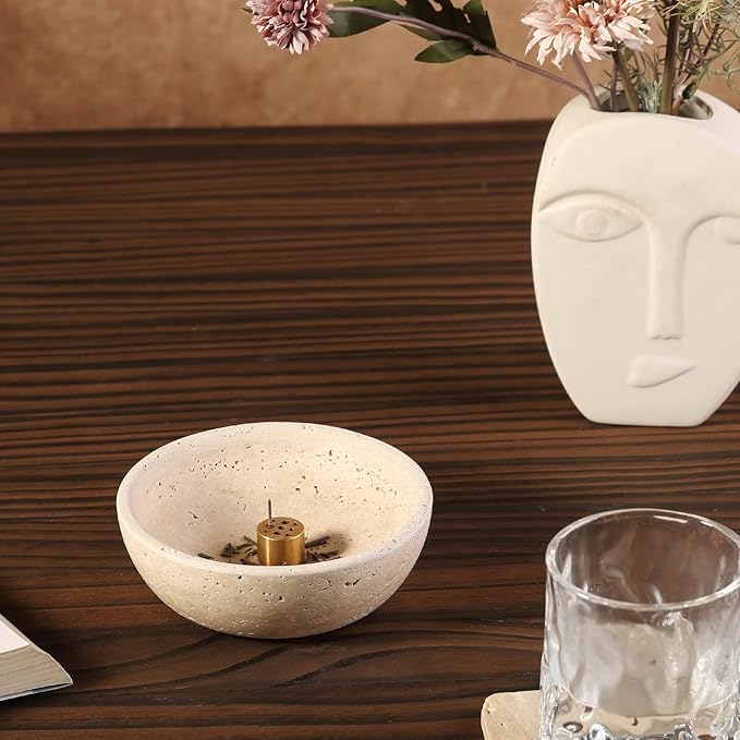 Koville Natural Marble Incense Holder, Incense Holder for Sticks with 9 Holes, Handmade Incense Burner Ash Catcher for Meditation Yoga SPA, Balsam Fir/Palo Santo/Sage/Cone (Beige)