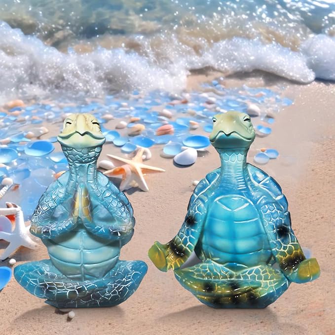 2-Pack Yoga Sea Turtle Figurines - Resin Meditation Desk Statue Decor with Non-Slip Base Zen Ocean Theme Table Shelf Sculptures Beach Bathroom Office Decoration Gifts for Women Turtle Lovers