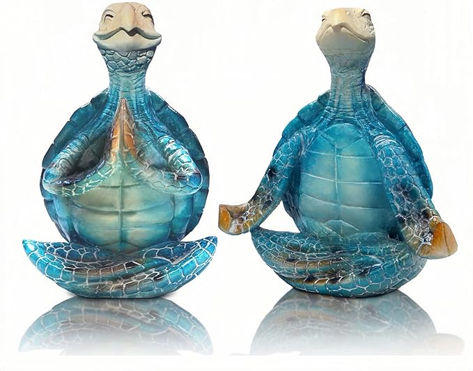 2-Pack Yoga Sea Turtle Figurines - Resin Meditation Desk Statue Decor with Non-Slip Base Zen Ocean Theme Table Shelf Sculptures Beach Bathroom Office Decoration Gifts for Women Turtle Lovers