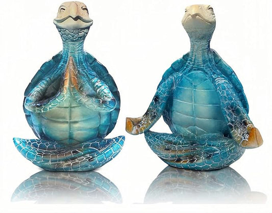2-Pack Yoga Sea Turtle Figurines - Resin Meditation Desk Statue Decor with Non-Slip Base Zen Ocean Theme Table Shelf Sculptures Beach Bathroom Office Decoration Gifts for Women Turtle Lovers