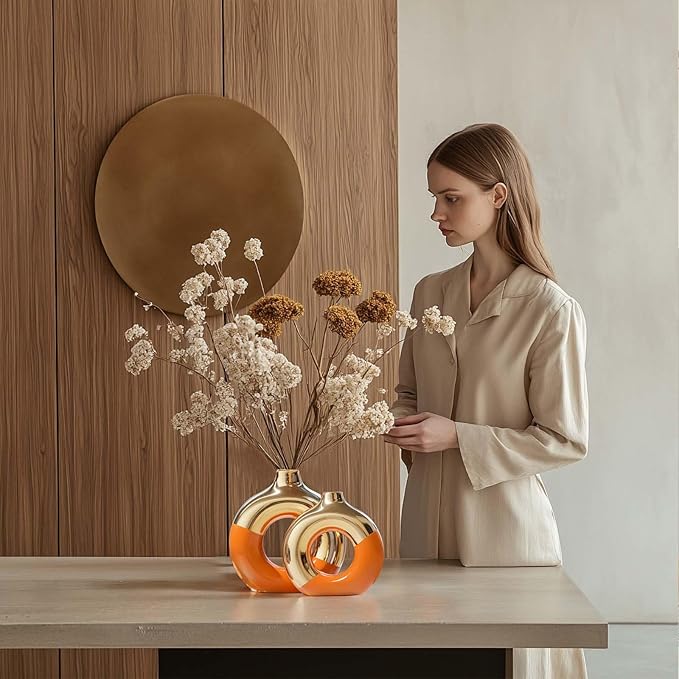 Orange and Gold Ceramic Vase Set of 2,Round Donut Hollow Flower Vases for Home Decor Accents,Modern Minimalist Centerpiece Table Decorations,Wedding,Living Room,Bookshelf,Office,Entryway