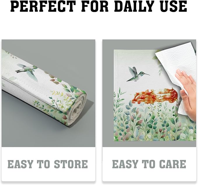 Giwawa 4PCs Hummingbird Placemats for Kitchen Dining, Spring Summer Sage Green Eucalyptus Leaf Herb Botanical Washable Linen Place Table Mat 12x18in for Tabletop Holiday Party Picnic Decor