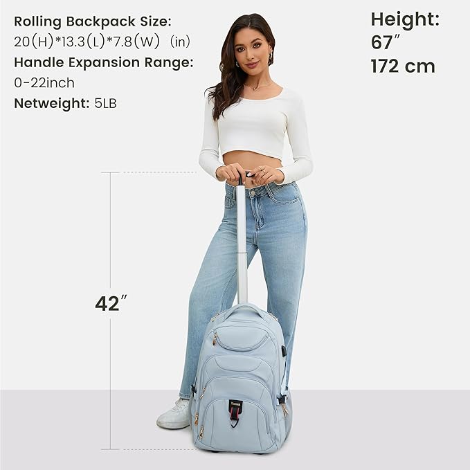 Boavan Rolling Backpack for Women, 17.3 Inch Wheeled Laptop Backpack,Large Travel Carry-On Bag for Teachers College Students, USB Charging Port Waterproof Business for Airplane Overnight Luggage，Blue