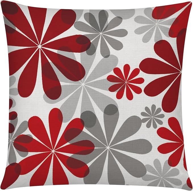 COMMINY Red Grey Pillow Covers 16x16 Set of 6 Decorative Burgundy Daisy Throw Pillow Cover for Couch Modern Farmhouse Cushion Cover for Patio Sofa Bed Living Room Home Decor