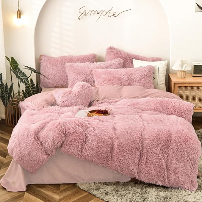 MorroMorn 5 PCS Shaggy Duvet Cover Bedding Set - Fluffy Comforter Cover Long Faux Fur Luxury Ultra Soft Cozy (Blush, Full/Queen)
