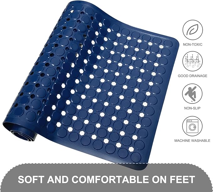 Bath Mat for Tub & Shower, Non Slip Soft Bathmat with Suction Cups & Drain Holes, Machine Washable Bathtub Floor Liner Mats for Bathroom, 35x16 Inch, Navy Blue