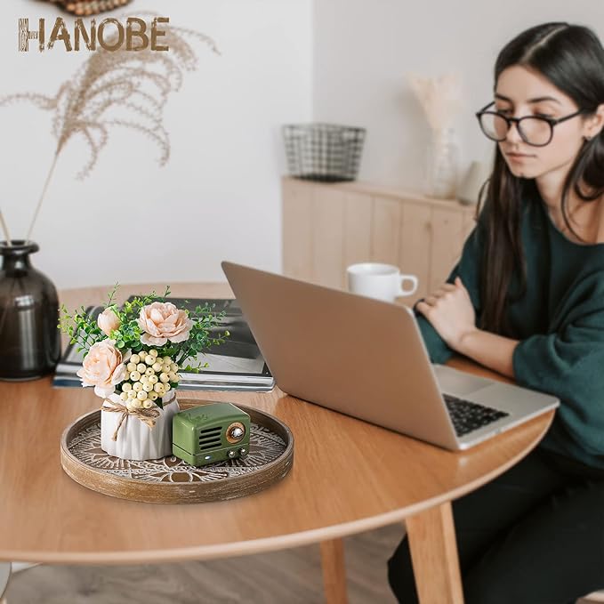 Hanobe Round Decorative Tray for Centerpiece: Boho Coffee Table Trays for Home Decor - Farmhouse Wood Serving Platter Rustic Circle Bohemian for Kitchen Counter Women