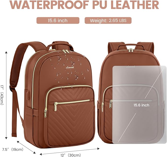 LOVEVOOK Leather Backpacks for Women,15.6 inch Leather Laptop Backpack Women Computer Backpack Laptop Bag,Stylish Quilted Travel Backpack Purse Work Bag College Teacher Backpacks with USB Port,Brown