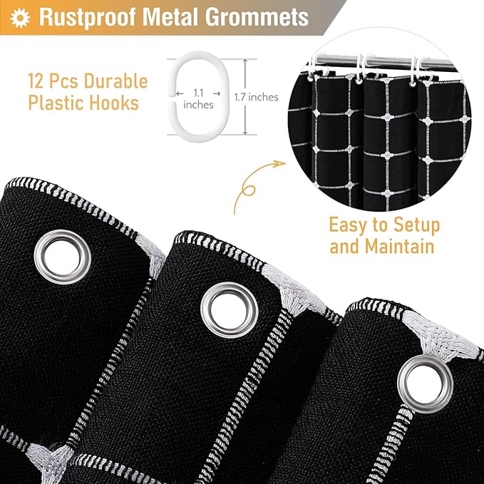 BTTN Extra Long Shower Curtain - 72x96 Inch Long Boho Linen Fabric Heavy Duty Shower Curtain Set with Plastic Hooks, Tall Farmhouse Aesthetic Cute Tassel Shower Curtains for Bathroom, Black and White