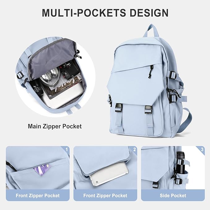 coowoz College Backpack Waterproof Black College Bags For Women Lightweight Travel Rucksack Casual Daypack Laptop Backpacks For Men Women(Grey Blue)