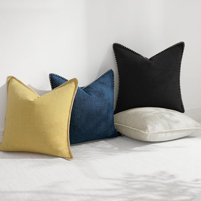 decorUhome Decorative Outdoor Throw Pillow Covers 26x26 Set of 2, Square Linen Rustic Neutral Farmhouse Euro Pillow Covers with Stitched Edge for Couch, Sofa, Living Room, Beige