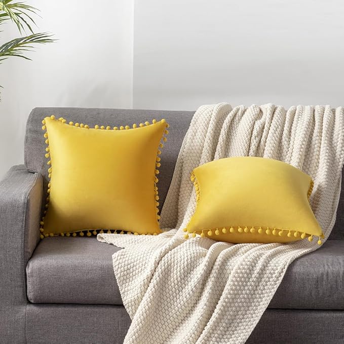 DEZENE Couch Pillow Covers 16x16 Yellow: 2 Pack Cozy Soft Pom-poms Velvet Square Throw Pillow Cases for Farmhouse Home Decor