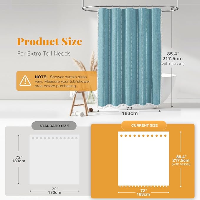 BTTN Extra Long Shower Curtain, 72x84 Boho Rustic Striped Linen Fabric Shower Curtain Set with Tassel, Tall Farmhouse Luxury Water Resistant Cloth Shower Curtain for Bathroom with Hooks, Teal