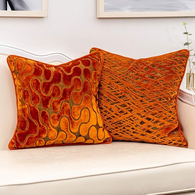 Yangest Orange Square Throw Pillow Cover Wavy Velvet Cushion Cover Modern Zippered Pillowcase for Sofa Couch Bedroom Living Room Chair, 18 x 18 Inch