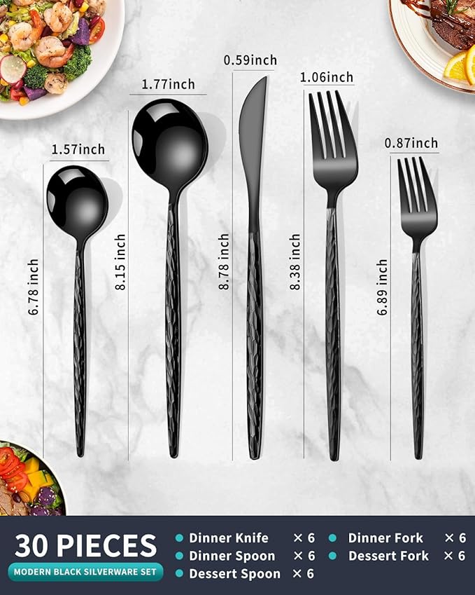 Hammered Black Silverware Set,30 Piece Stainless Steel Flatware Set for 6,Modern Cutlery Set,Includes Spoon Fork Knives Set,Home Kitchen and Restaurant,Dishwasher Safe