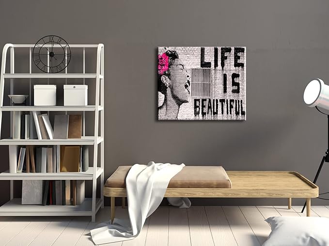 Wieco Art Abstract Giclee Canvas Prints Wall Art Ready to Hang for Kitchen Home Office Decor Banksy Life is Beautiful Large Modern Stretched and Framed Grey Impressionist Pictures Paintings Artwork