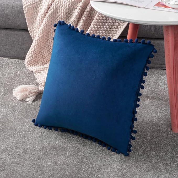 DEZENE 18x18 Throw Pillow Covers Dark-Blue: 2 Pack Cozy Soft Pom-poms Velvet Square Decorative Pillow Cases for Farmhouse Home Decor