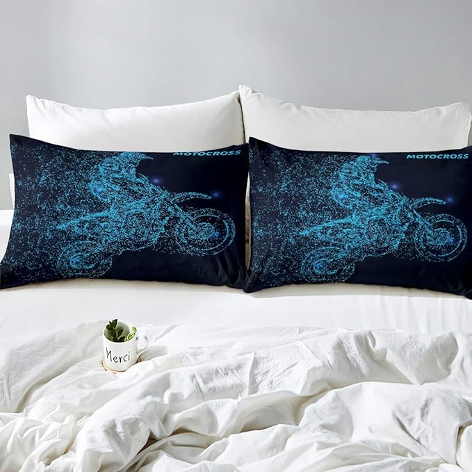 Feelyou Dirt Bike Duvet Cover Set Motocross Racer Bedding Set for Kids Boys Teens Racing Motorcycle Comforter Cover Set Extreme Sports Quilt Cover Motorbike Bedding Decoration Queen Size Blue