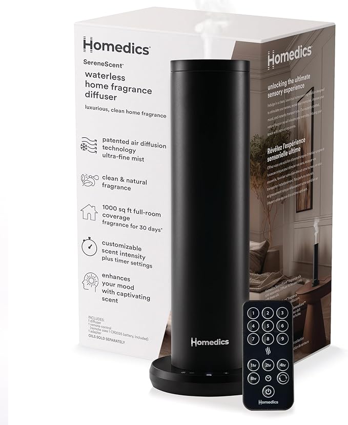 Homedics SereneScent Waterless Home Fragrance Diffuser, Use with Homedics SereneScent Oil (Sold Separately), Patented Air Diffusion Technology, Clean & Natural Fragrance, Enhances Mood, Large Rooms