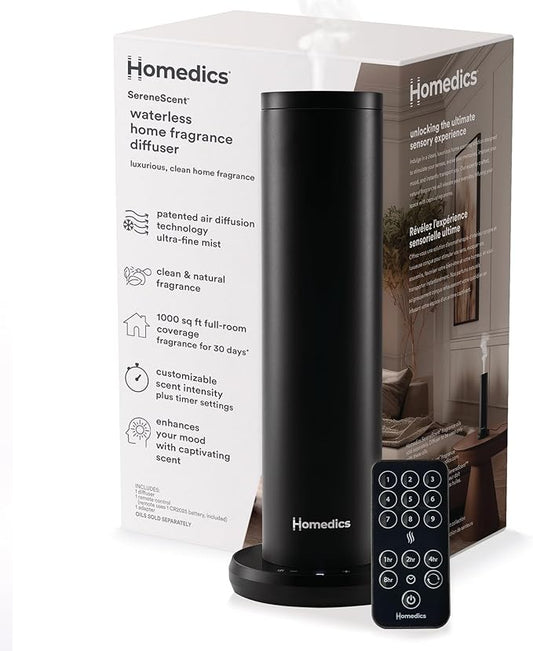 Homedics SereneScent Waterless Home Fragrance Diffuser, Use with Homedics SereneScent Oil (Sold Separately), Patented Air Diffusion Technology, Clean & Natural Fragrance, Enhances Mood, Large Rooms