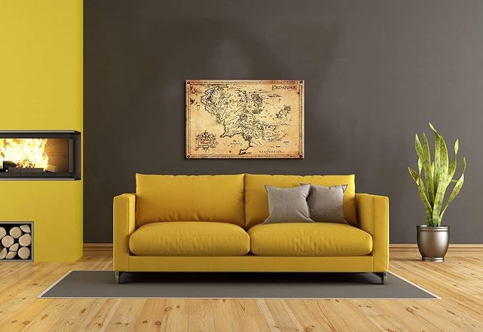 Middle Earth Map Wall Art Canvas Print - Fantasy Map of Middle Earth - 16''H x 24''W with Inner Wooden Frame - Lightweight & Easy to Hang - Perfect for Bedroom, Game Room Decor