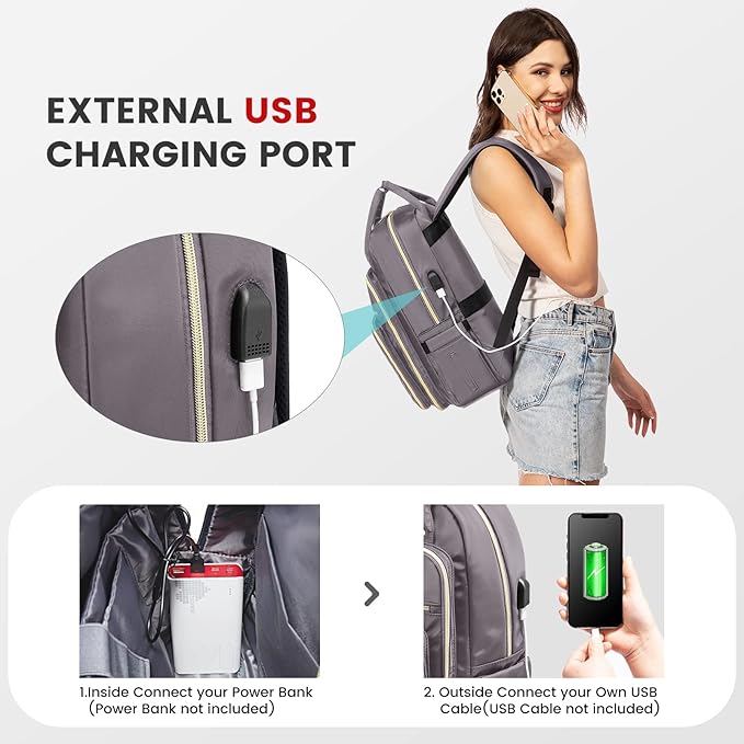 LOVEVOOK Womens Backpack,15.6 Inch Laptop Backpack for Work Travel, Large Capacity Work Backpack for Teacher Nurse, Computer Bag with USB Charging Port.Grey Purple.