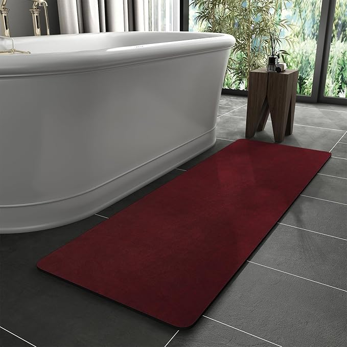 MontVoo -Bath Mat Rug-Rubber Backing Non Slip Quick Dry Absorbent Thin Bathroom Rugs Fit Under Door-Faux Suede Surface Bathroom Floor Mats-Shower Rug for in Front of Bathtub Shower Burgundy 17"x59"