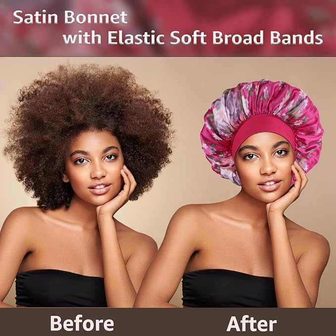 3 Pack Satin Bonnet Silk Hair Bonnet for Sleeping, Sleep Bonnets for Women Large Wide Soft Band Sleep Cap for Curly Hair Braids