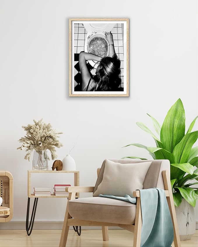 EcoHest Small Trendy After the Disco Party Framed Wall Art, 8x10 in OAK Wood Black and White Funny Bathroom Canvas Art, Teen Girl Poster College Dorm Decor, Set of 1 for Bedroom Living Room