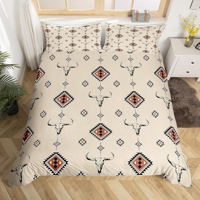 Castle Fairy Western Duvet Cover Full Size,Tribal Geometry Southwestern Boho Soft Bedding Set,Country Cow Skull Comforter Cover 3PCS,Retro Cowboy Quilt Cover,2 Pillowcases(Not Comforter)
