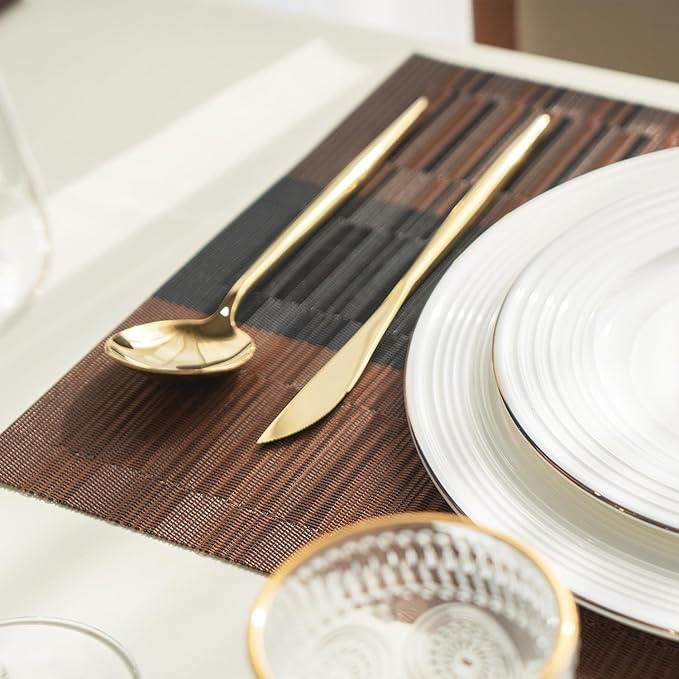 Placemats Set of 6 Vinyl/Plastic Woven Place Mats for Kitchen Table Indoor/Outdoor Washable Placemat Wipeable Dining Table Mats (Ombre Brown Black,6)