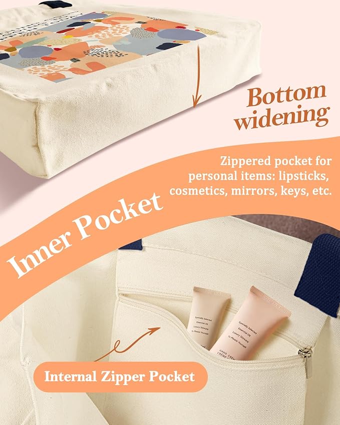 Aesthetic Heavy Canvas Tote Bag with Pocket for Women, Cloth Gusseted Totes Bag with Pattern for Shopping