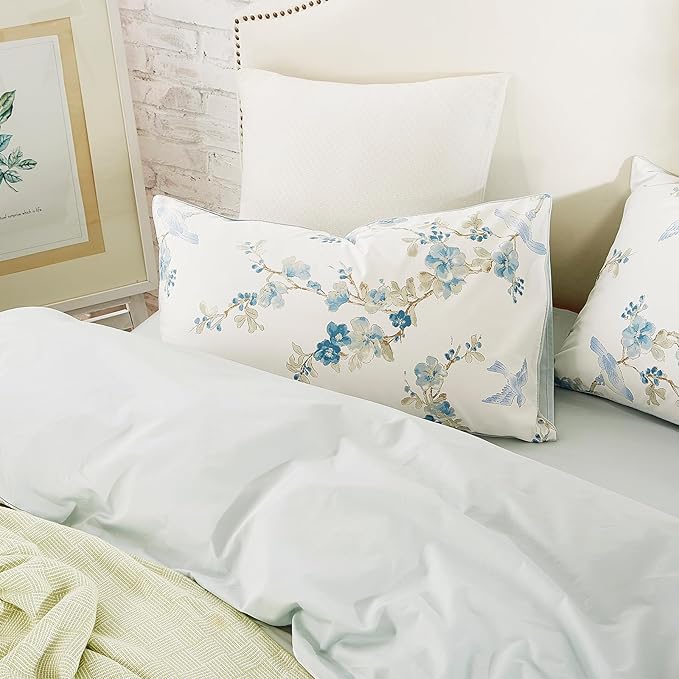 mixinni Blue and White Floral Duvet Cover King Long Staple Cotton Reversible Design Duvet Cover Set, Cute Flowers Birds Bedding Sets with Button Closure Ties 2 Pillowcases for Him and Her-King Size