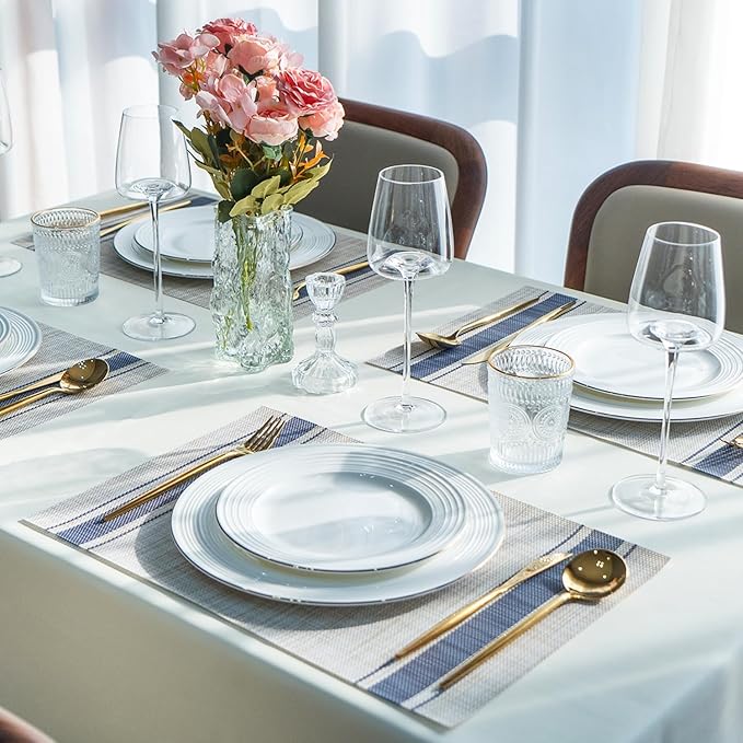 Placemats Set of 12 Vinyl/Plastic Woven Place Mats for Kitchen Table Indoor/Outdoor Washable Placemat Wipeable Dining Table Mats (Khaki Blue,12)