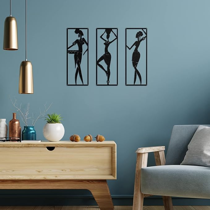 Therwen 3 Pieces African Women Metal Wall Decor Black Women Metal Wall Art African American Black Minimalist Decor for Bedroom Bathroom Living Room Home 15.7 x 6 Inch