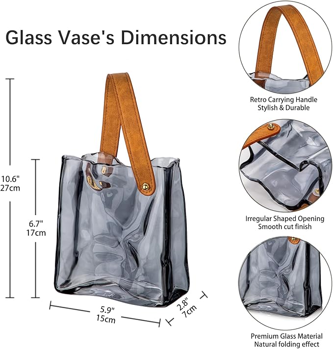 Glass Purse Vase for Flowers Black Vases for Centerpieces Glass Bag Vase with Leather Handle Small Bag Vases for Decor Decorative Fish Bowl for Home Wedding Decor