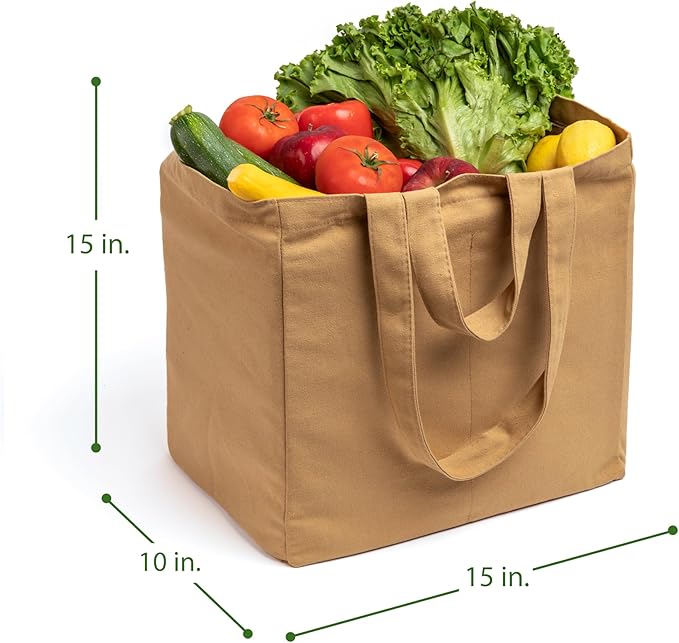 VeraMia Canvas Grocery Bag 3pc XL Set with Real Pockets, Long Shoulder Strap and Short Handle. Heavy Duty, Foldable, Washable