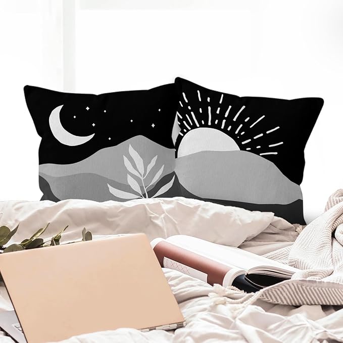 HIWX Boho Pillow Covers, Boho Sun Moon Mountains Decorative Pillowcase Throw Pillow Cover 18x18,Boho Throw Pillows,Boho Sun Desert for Sofa Bed Room Home Bedroom Decor Set of 2 Pillow Case（Black2）