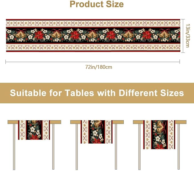 Christmas Bells Table Runner Burlap Kitchen Dining Linen Table Decoration for Indoor Outdoor Home Party Dinner 13x72 Inch