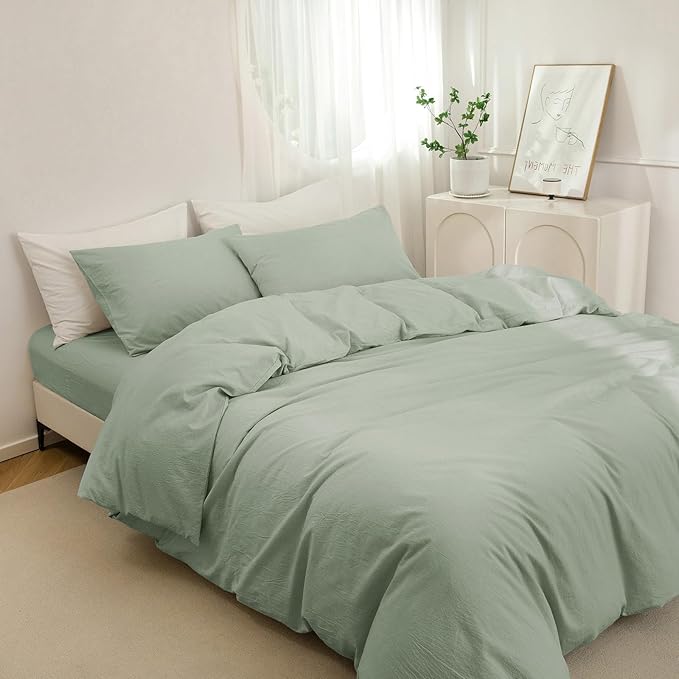 JIYUAN 100% Washed Cotton Duvet Cover Set 3 Pieces Queen, 1 Duvet Cover 90x90 Inches(Comforter Not Included) and 2 Pillowcases,Linen Feel Bedding Set Comfy and Breathable, Heathered Sage Green