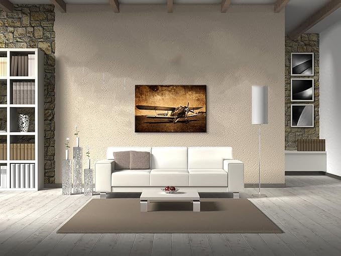 Vintage Fighter Plane Canvas Art - Elderly Propeller Airplane Decor for Home Office - Ready to Hang (28''Hx40''W)