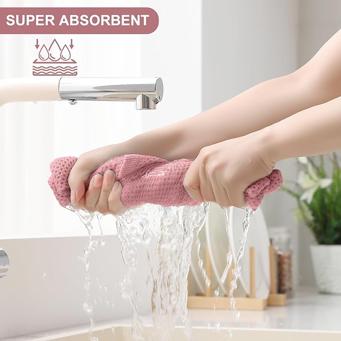 Homaxy 100% Cotton Kitchen Towels and Dishcloths Set, 12 x 12 Inches and 13 x 28 Inches, Set of 12 Bulk Kitchen Towels Set, Ultra Soft Absorbent Dish Cloths for Washing Dishes, Dried Rose