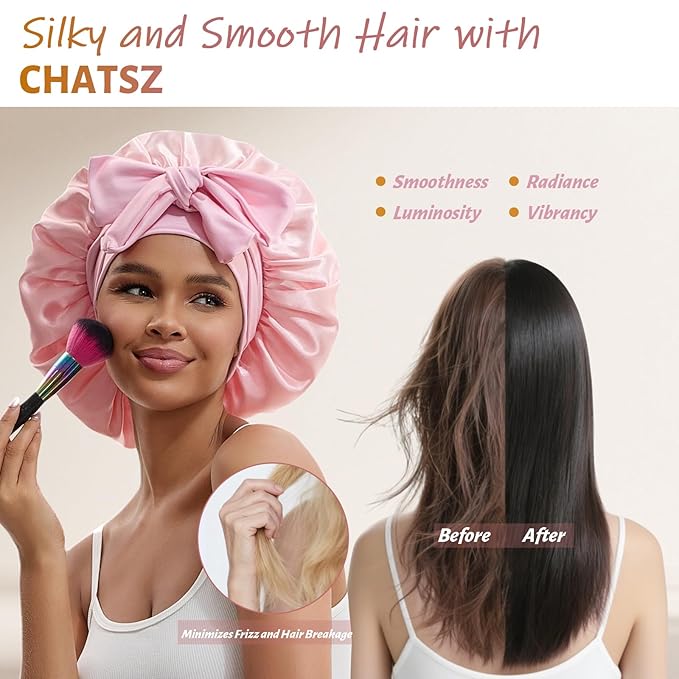 Silk Bonnet for Sleeping Women Satin Hair Cap with Tie Brand Curly Hair Sleep Protection Silk Head Wrap Double Layer - Pink